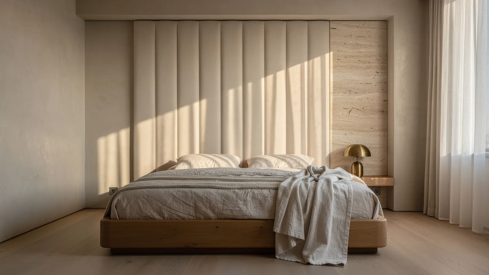 Apartment Dunaj, the master bedroom with upholstered headboard and travertine