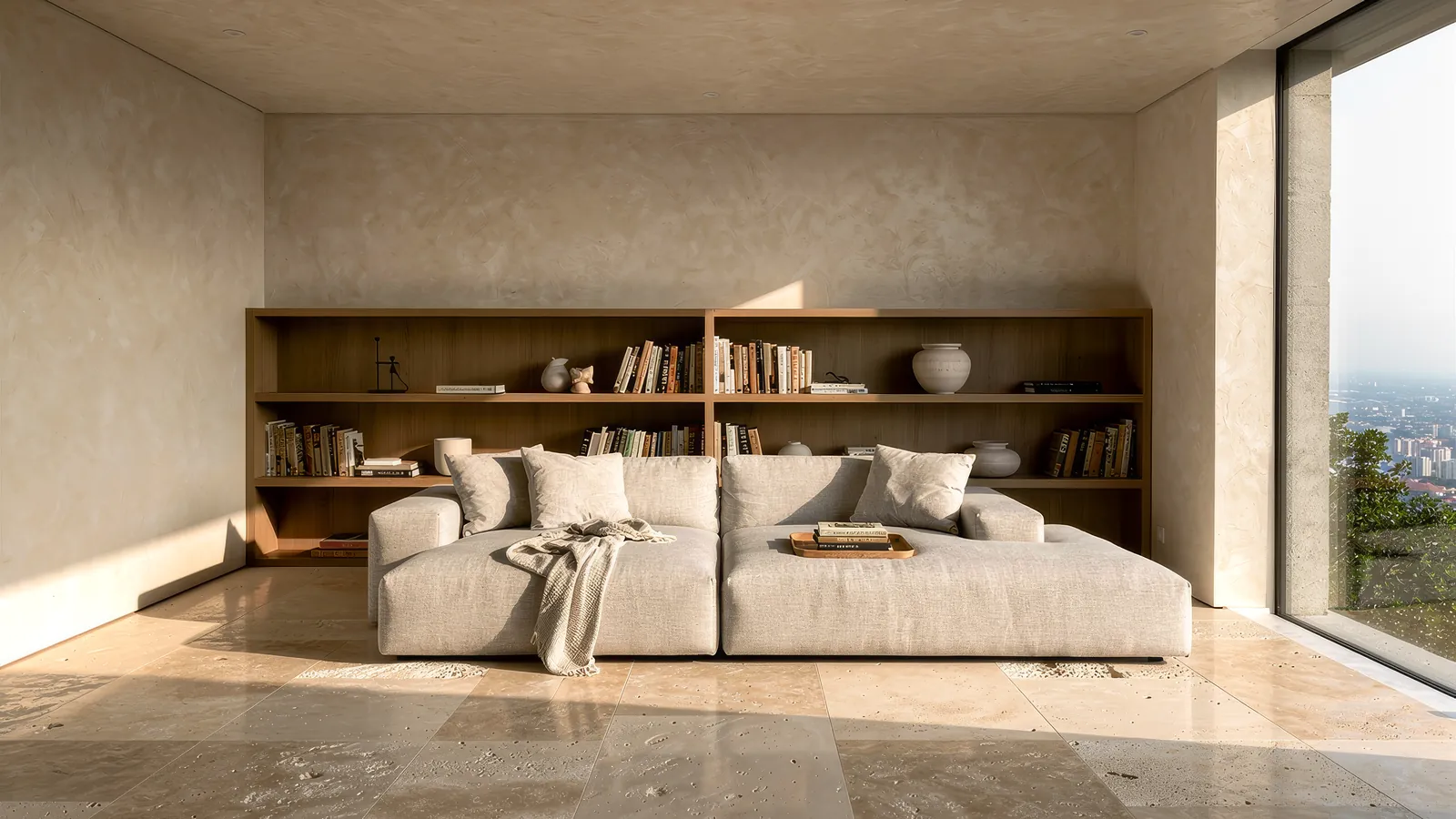 Villa Koliba, the finished living room with a view over the city