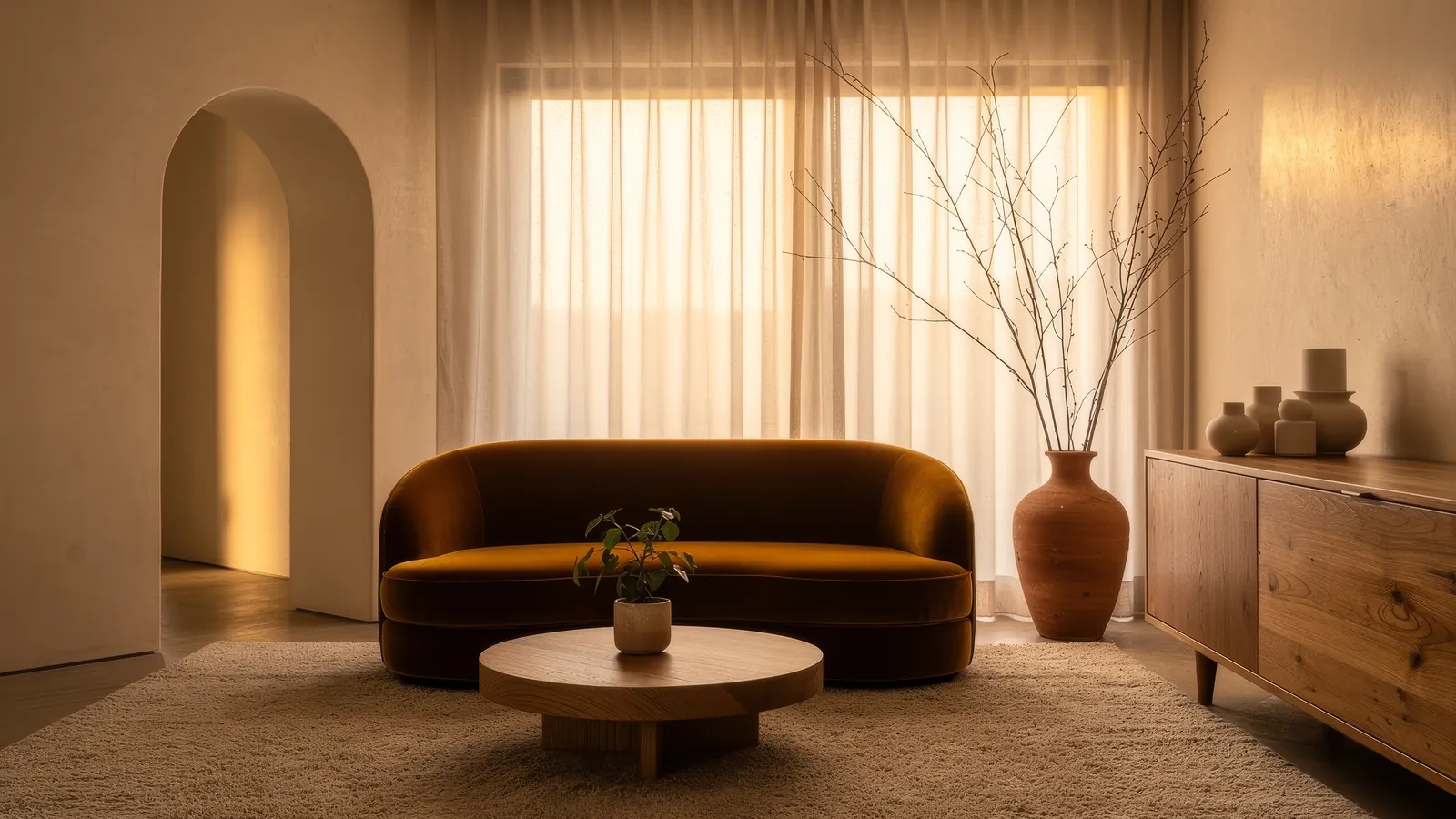 Salon Vydrica, the curved sofa under the plaster arch at golden hour